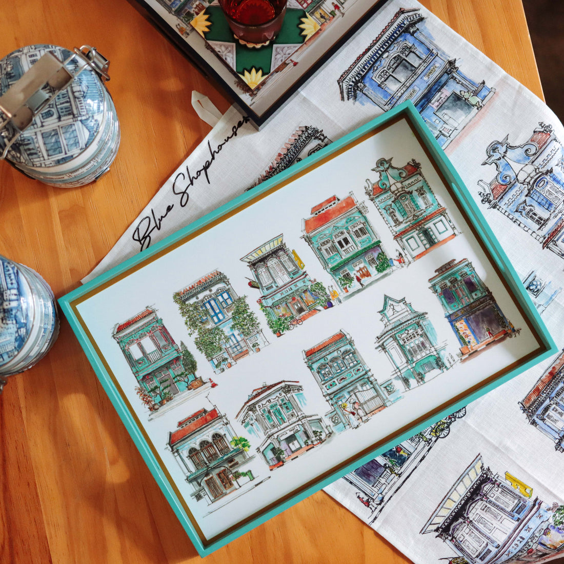 Turquoise Lacquer Tray - Turquoise Shophouses